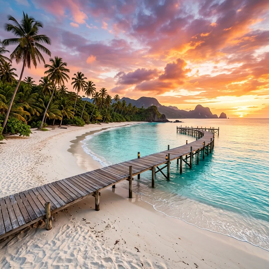 Praia paradisíaca ao pôr do sol
